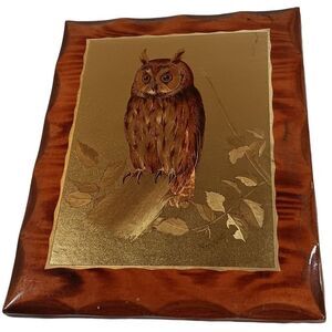1980 Vintage Horned Owl Art Plaque Gold Foil Print Mounted Wood Scafa Tornabene